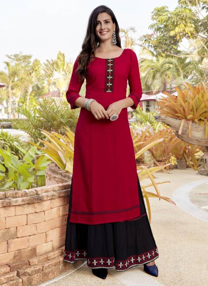 Rose Heavy Rayon Embroidery And Hand Work Kurti With Rayon Print Sharara Designer Collection 8001-8006